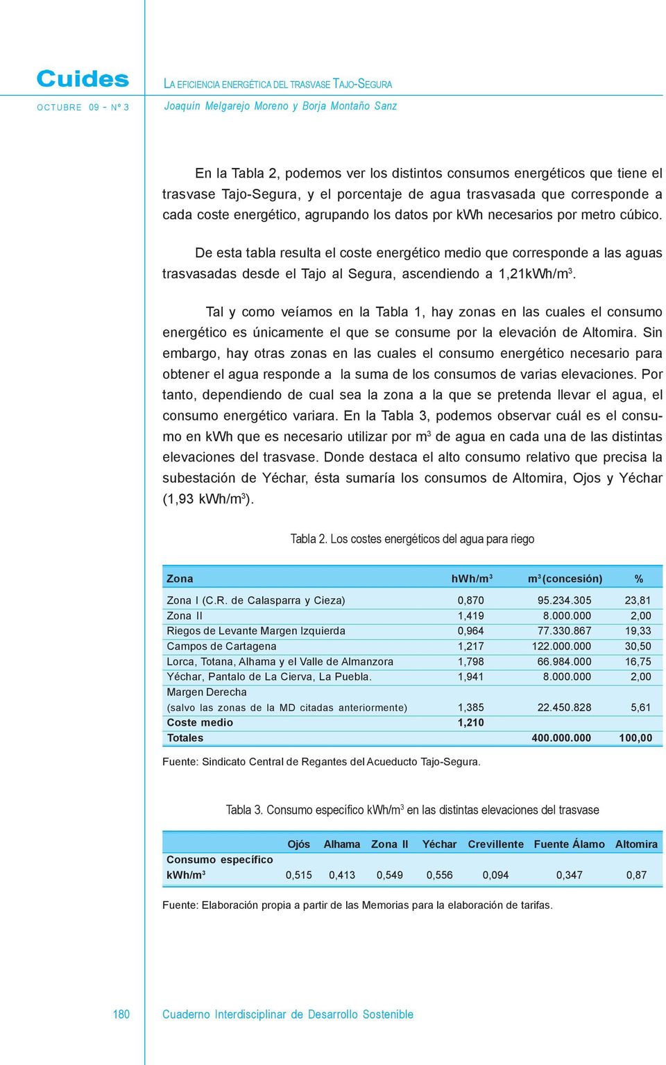 De esta tabla resulta el coste energético medio que corresponde a las aguas trasvasadas desde el Tajo al Segura, ascendiendo a 1,21kWh/m 3.