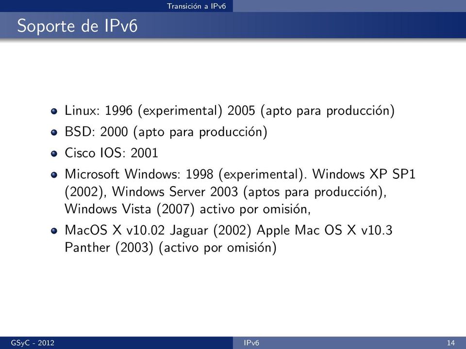 Windows XP SP1 (2002), Windows Server 2003 (aptos para producción), Windows Vista (2007) activo