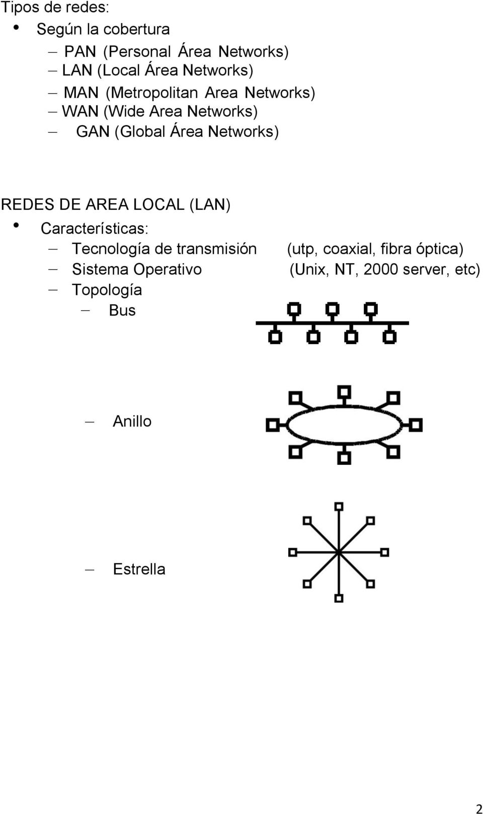 Networks) REDES DE AREA LOCAL (LAN) Características: Tecnología de transmisión (utp,