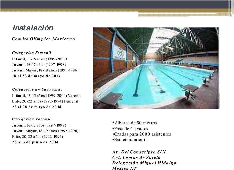 mayo de 2014 Categorías Varonil Alberca de 50 metros Juvenil, 16-17 17 años (1997-1998) 1998) Juvenil Mayor, 18-1919 años (1995-1996) 1996) Elite, 20-2222 años