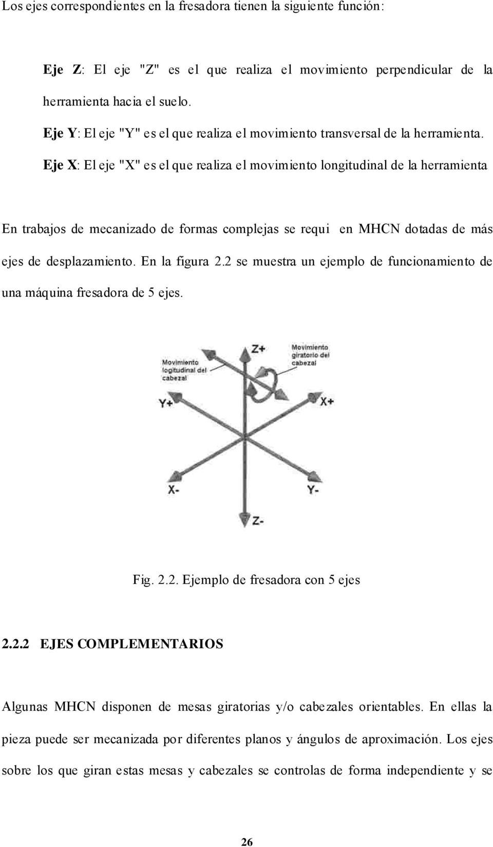 Eje X: El eje "X" es el que realiza el movimiento longitudinal de la herramienta En trabajos de mecanizado de formas complejas se requi en MHCN dotadas de más ejes de desplazamiento. En la figura 2.