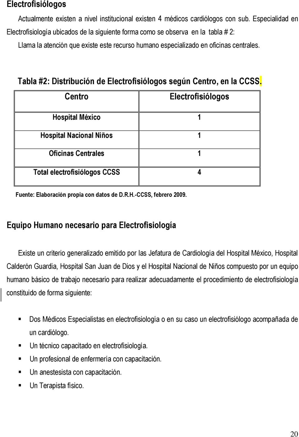 Tabla #2: Distribución de Electrofisiólogos según Centro, en la CCSS.
