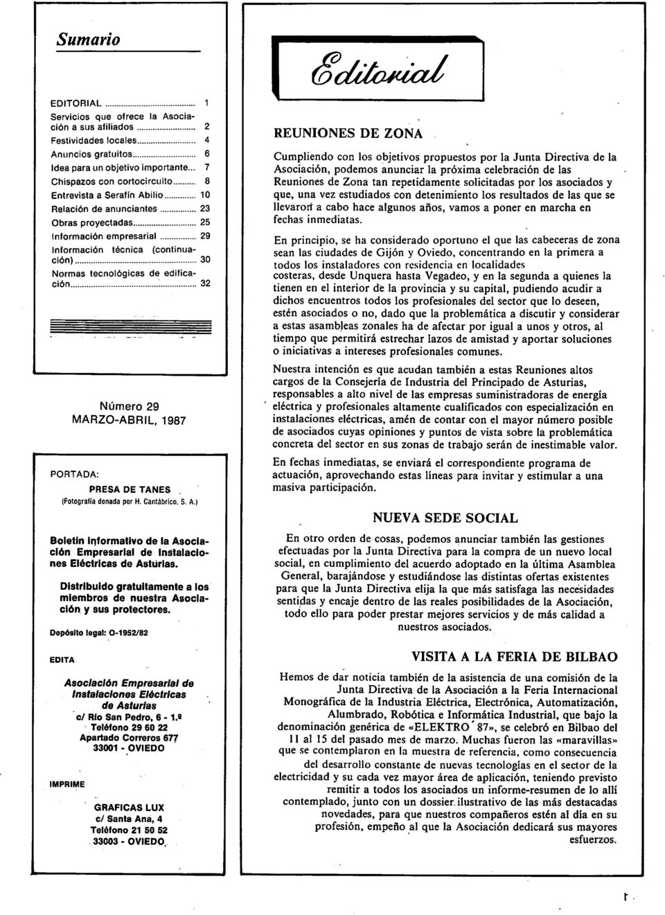 de edifica ción ^ 32 Número 29 MARZO-ABRIL, 1987 PORTADA: PRESA DE TAÑES (Fotografía donada por H. Cantábrico. S. A.
