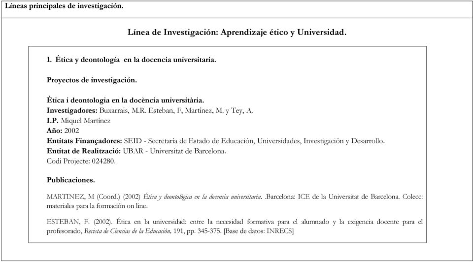Miquel Martínez Año: 2002 Entitats Finançadores: SEID - Secretaría de Estado de Educación, Universidades, Investigación y Desarrollo. Codi Projecte: 024280. Publicaciones. MARTINEZ, M (Coord.
