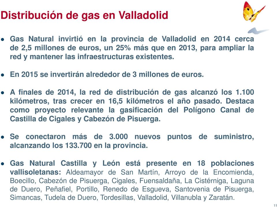 100 kilómetros, tras crecer en 16,5 kilómetros el año pasado. Destaca como proyecto relevante la gasificación del Polígono Canal de Castilla de Cigales y Cabezón de Pisuerga. Se conectaron más de 3.