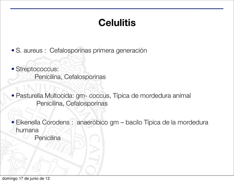 Cefalosporinas Pasturella Multocida: gm- coccus, Típica de mordedura