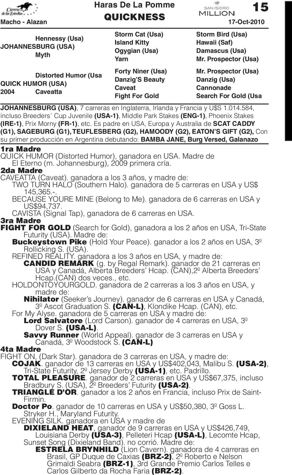 Irlanda y Francia y U$S 1.014.584, incluso Breeders Cup Juvenile (USA-1), Middle Park Stakes (ENG-1), Phoenix Stakes (IRE-1), Prix Morny (FR-1), etc.