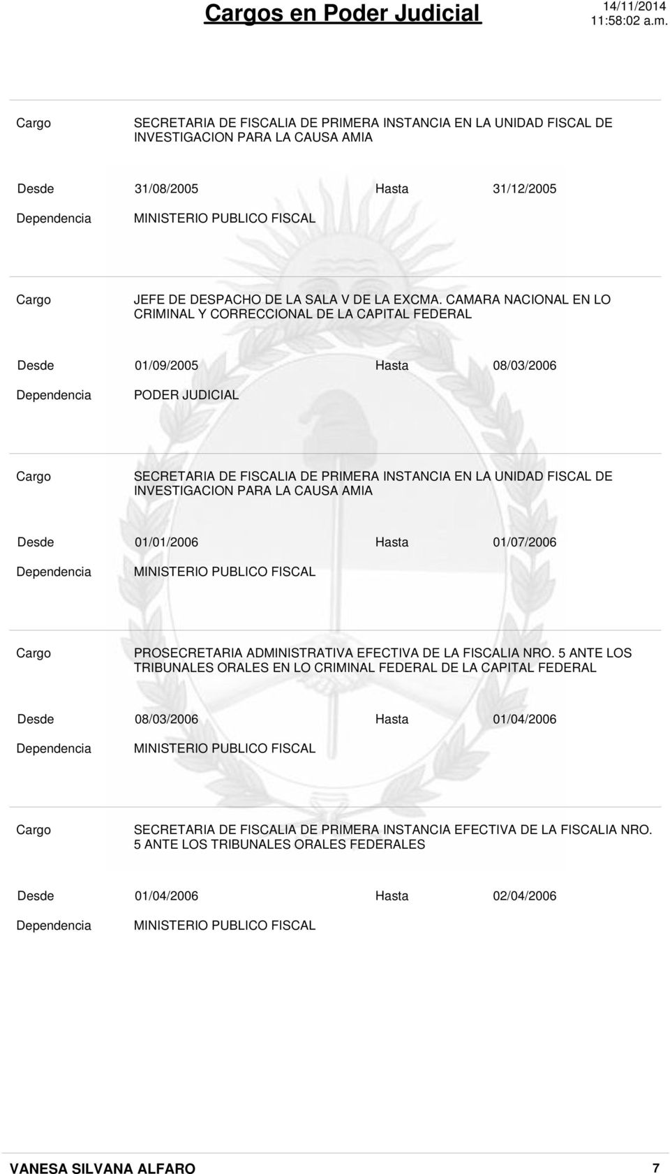 CAMARA NACIONAL EN LO CRIMINAL Y CORRECCIONAL DE LA CAPITAL FEDERAL 01/09/2005 Hasta 08/03/2006 PODER JUDICIAL SECRETARIA DE FISCALIA DE PRIMERA INSTANCIA EN LA UNIDAD FISCAL DE