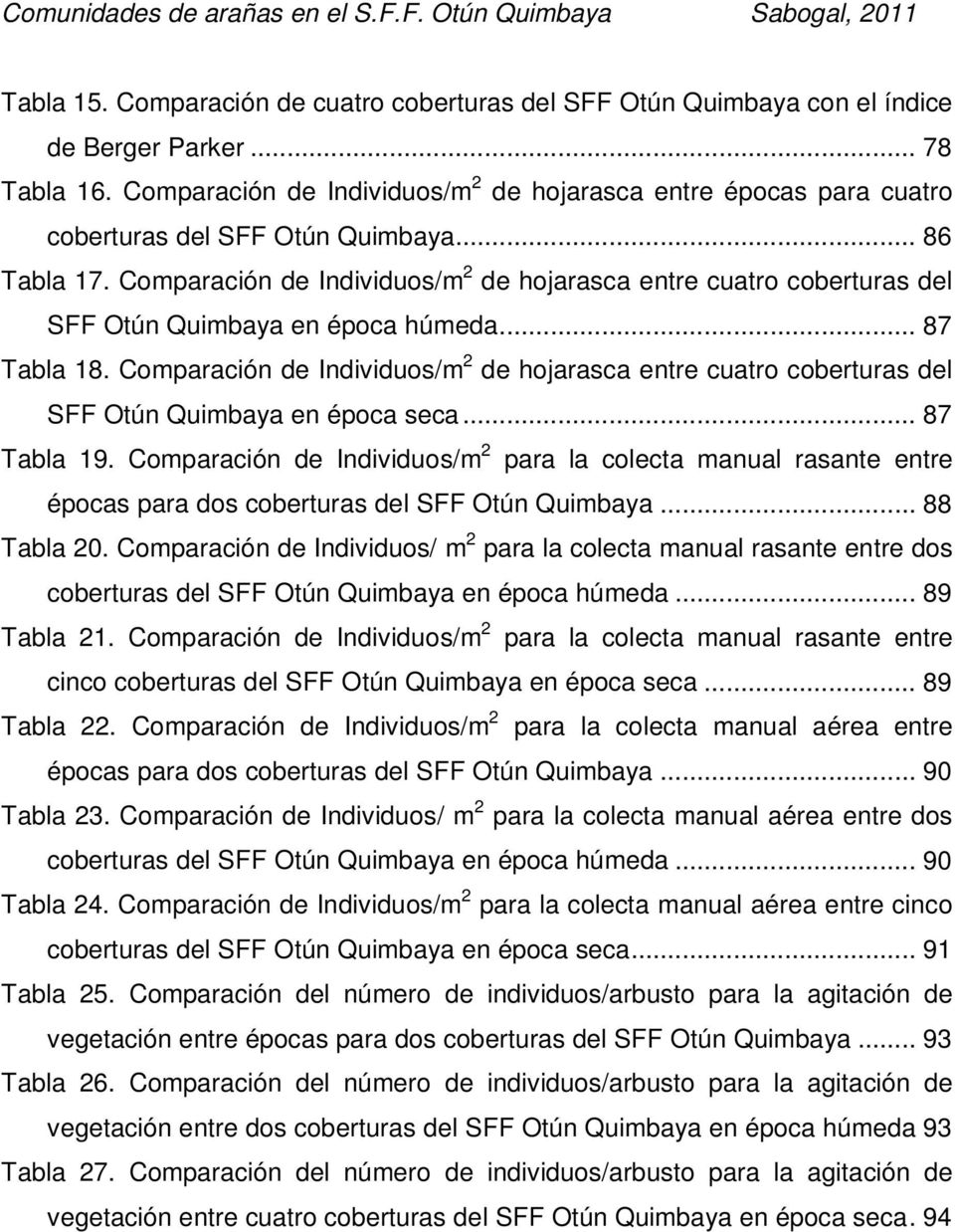 Comparación de Individuos/m 2 de hojarasca entre cuatro coberturas del SFF Otún Quimbaya en época húmeda... 87 Tabla 18.
