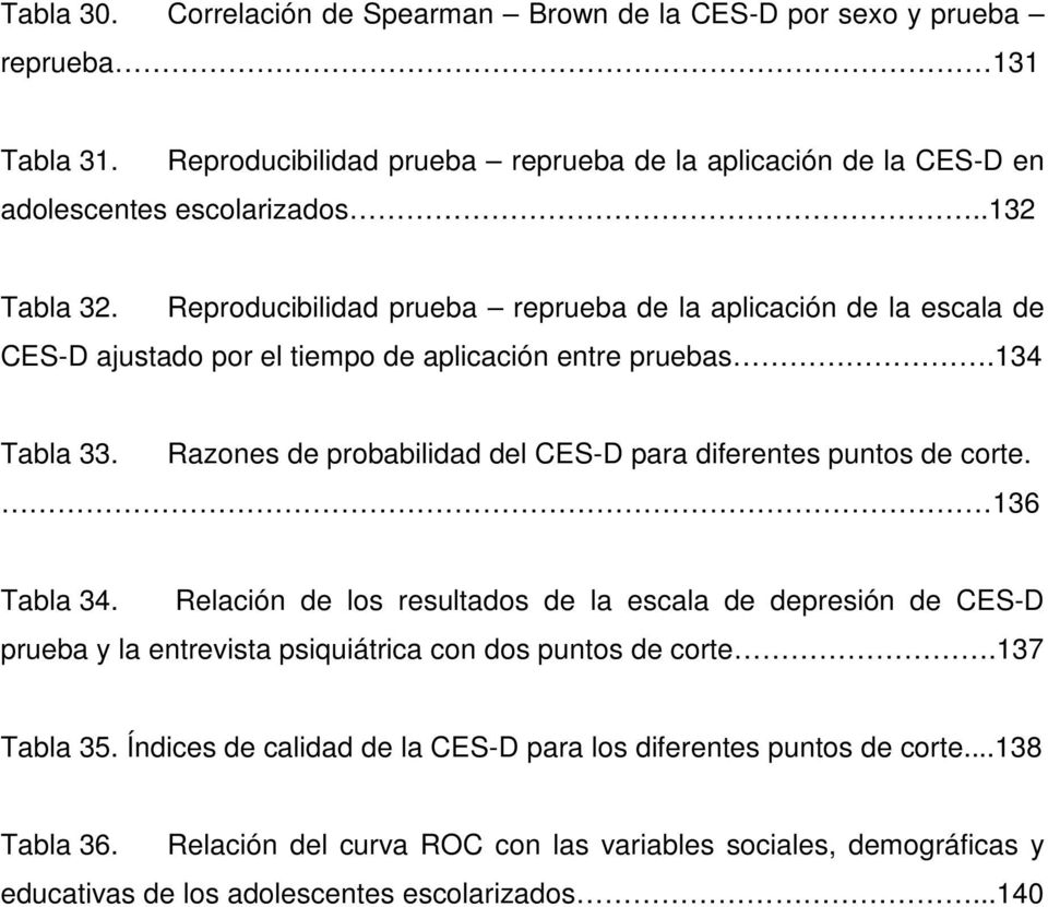 Razones de probabilidad del CES-D para diferentes puntos de corte. 136 Tabla 34.