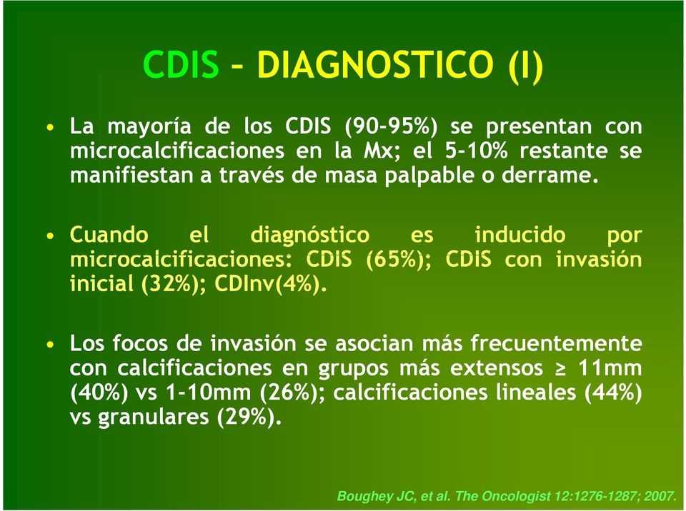 Cuando el diagnóstico es inducido por microcalcificaciones: CDIS (65%); CDIS con invasión inicial (32%); CDInv(4%).