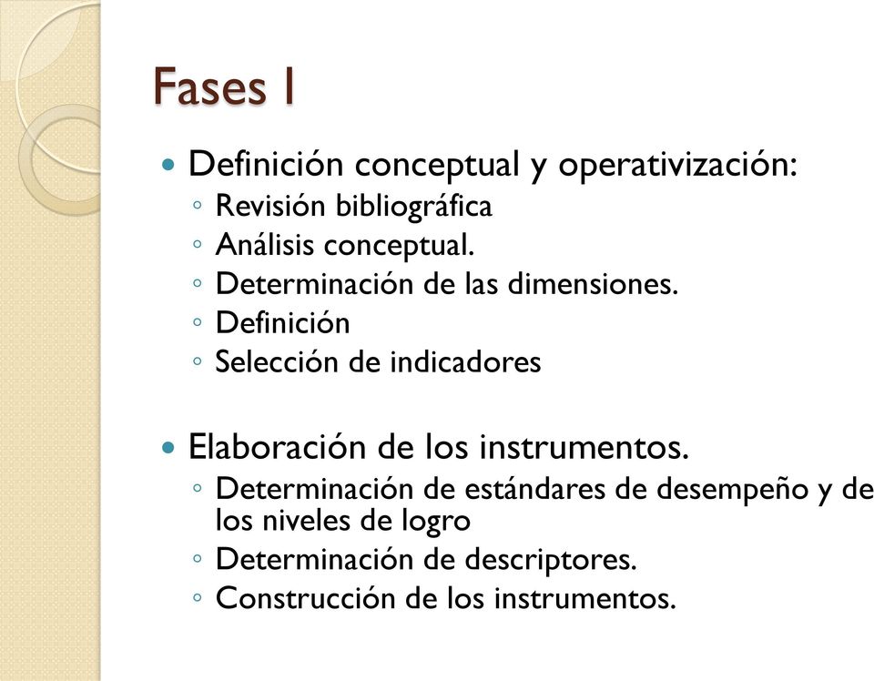 Definición Selección de indicadores Elaboración de los instrumentos.