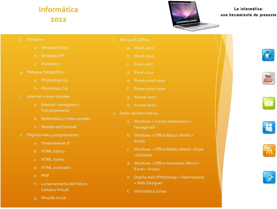 La herramienta del futuro. Campus Virtual g. Moodle Inicial t. Microsoft Office: a. Word 2007 b. Word 2010 c. Excel 2007 d. Excel 2010 e. Power point 2007 f. Power point 2010 g. Access 2007 h.