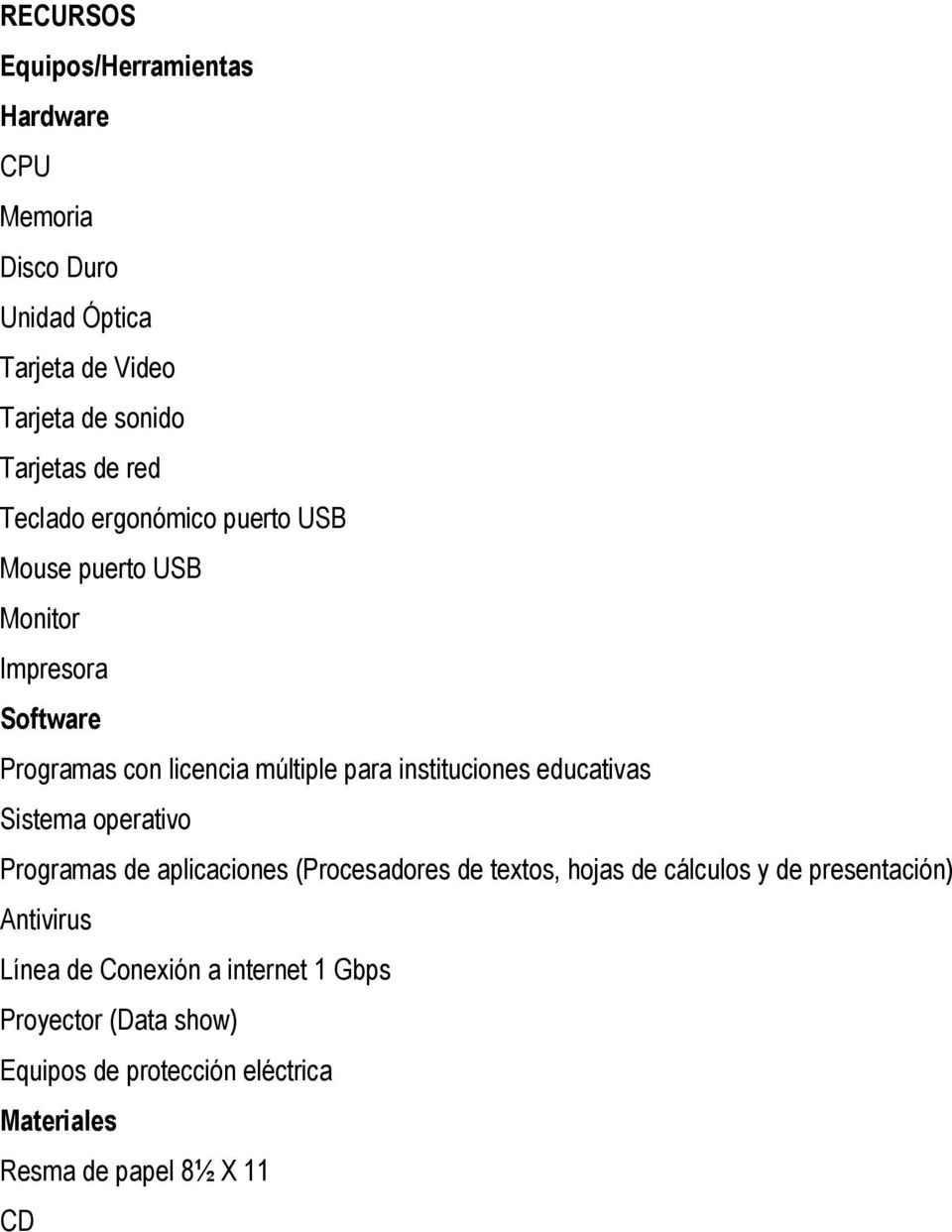 educativas Sistema operativo Programas de aplicaciones (Procesadores de textos, hojas de cálculos y de presentación) Antivirus