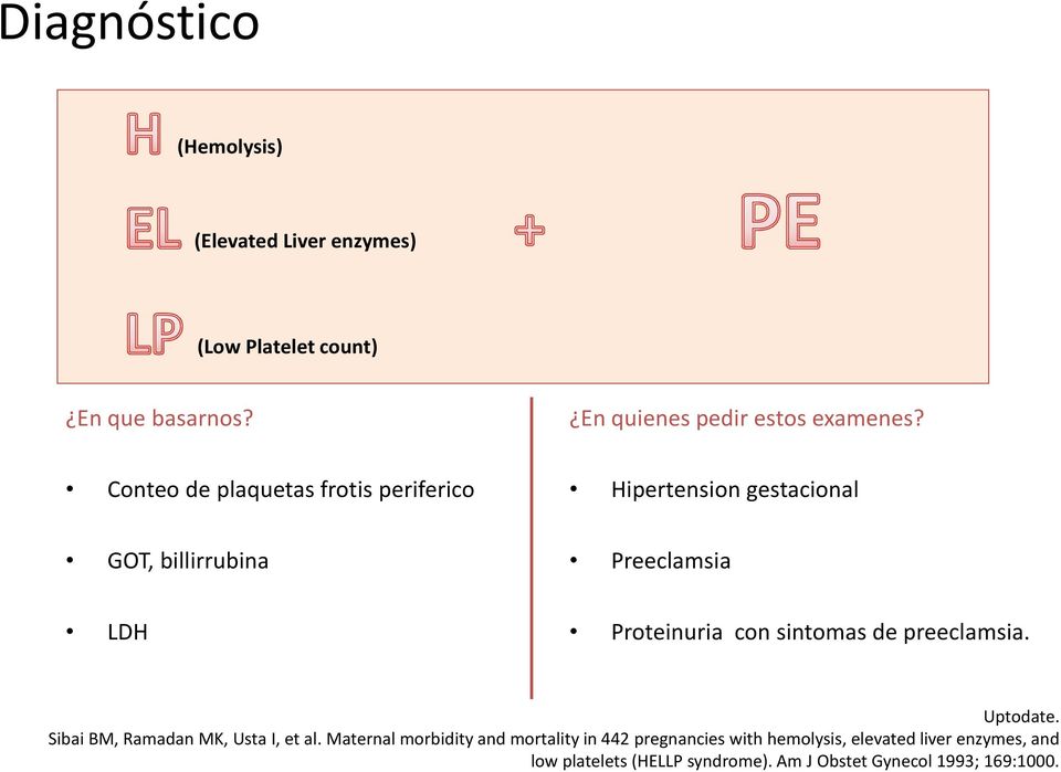 Conteo de plaquetas frotis periferico Hipertension gestacional GOT, billirrubina Preeclamsia LDH Proteinuria con