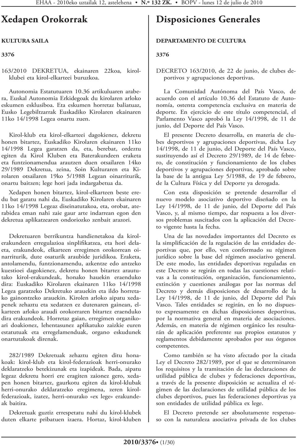 Eta eskumen horretaz baliatuaz, Eusko Legebiltzarrak Euskadiko Kirolaren ekainaren 11ko 14/1998 Legea onartu zuen.