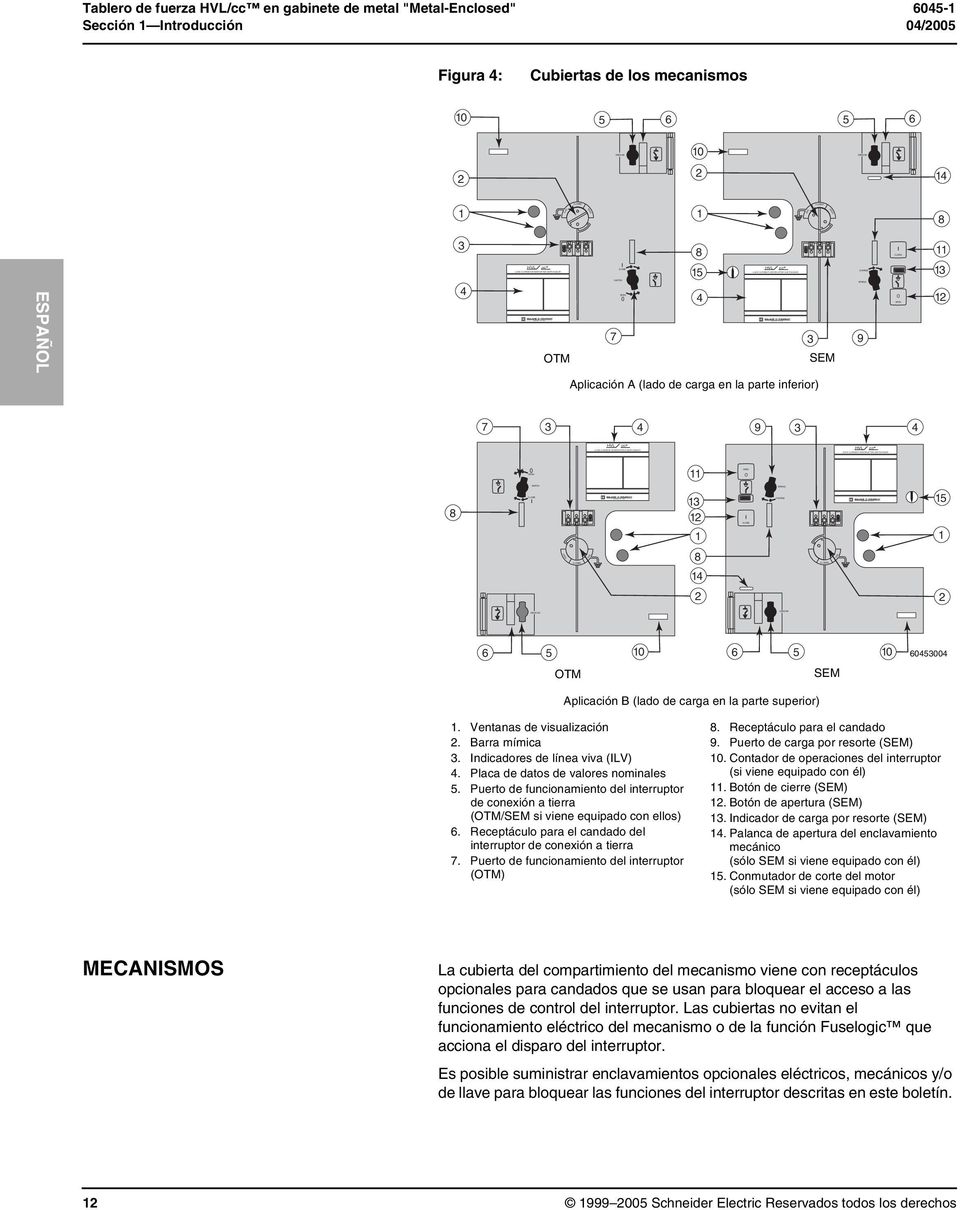 "Metal-Enclosed" 6045- Sección Introducción 04/2005 Figura 4: Cubiertas de los mecanismos 0 5 6 5 6 0 2 2 4 GRD GRD 8 3 4 HVL cc OTM 7 0 8 5 4 HVL cc 3 SEM 9 O 3 2 Aplicación A (lado de carga en la