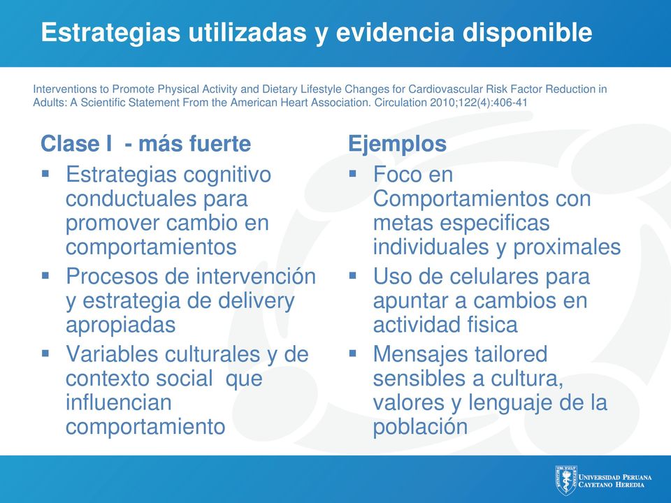 Circulation 2010;122(4):406-41 Clase I - más fuerte Estrategias cognitivo conductuales para promover cambio en comportamientos Procesos de intervención y estrategia de delivery