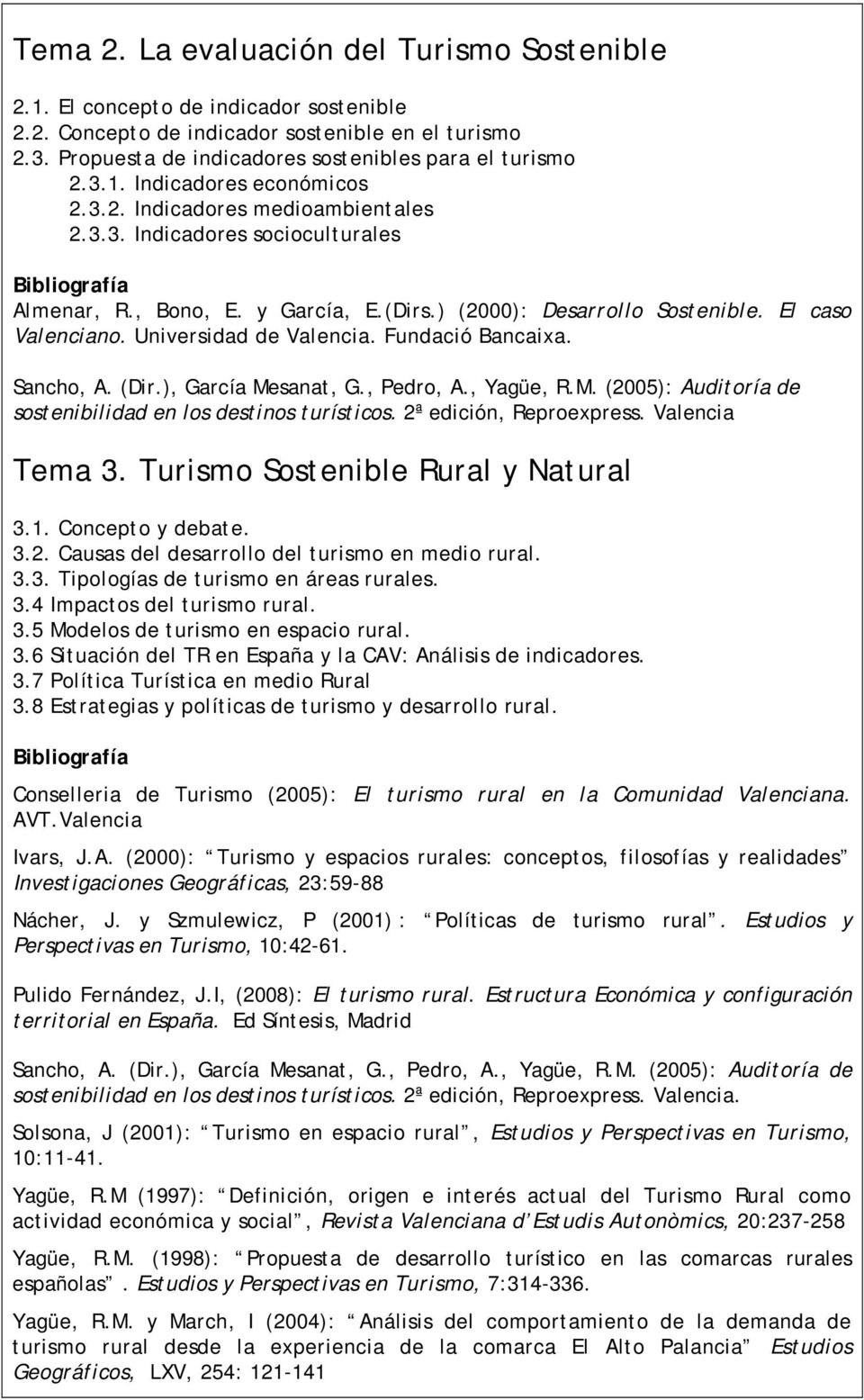 Fundació Bancaixa. Sancho, A. (Dir.), García Mesanat, G., Pedro, A., Yagüe, R.M. (2005): Auditoría de sostenibilidad en los destinos turísticos. 2ª edición, Reproexpress. Valencia Tema 3.