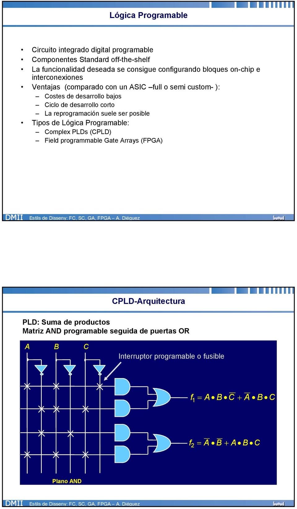 reprogramación suele ser posible Tipos de Lógica Programable: Complex PLDs (CPLD) Field programmable Gate Arrays (FPGA) CPLD-Arquitectura PLD: