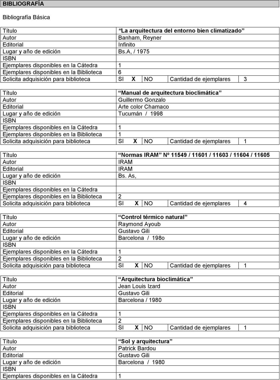 Lugar y año de edición Tucumán / 1998 Ejemplares disponibles en la Biblioteca 1 Solicita adquisición para biblioteca SI X NO Cantidad de ejemplares 1 Normas IRAM Nº 11549 / 11601 / 11603 / 11604 /