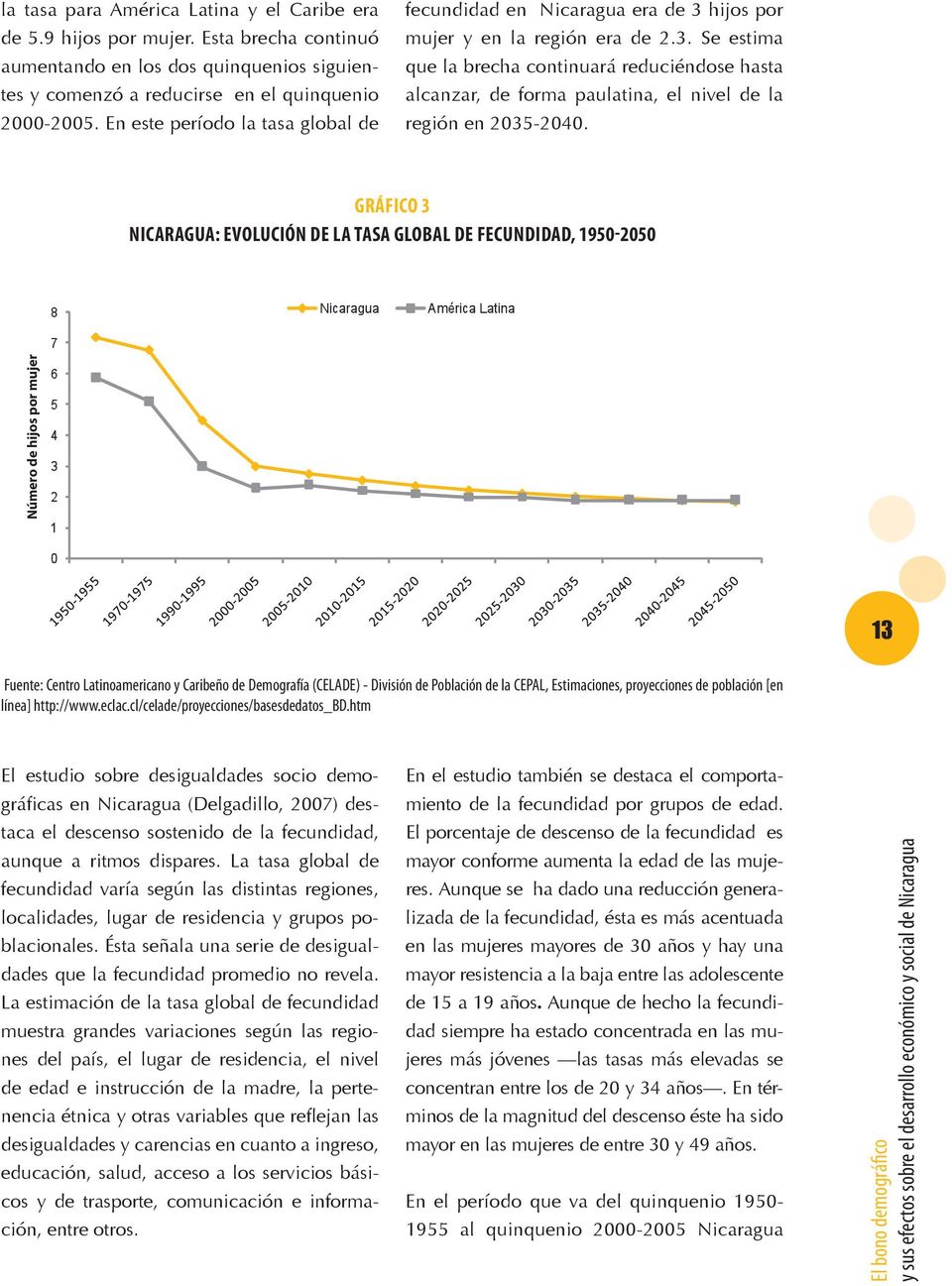 GRÁFICO 3 NICARAGUA: evolución de la tasa global de fecundidad, 1950-2050 Número de hijos por mujer 13 Fuente: Centro Latinoamericano y Caribeño de Demografía (CELADE) - División de Población de la