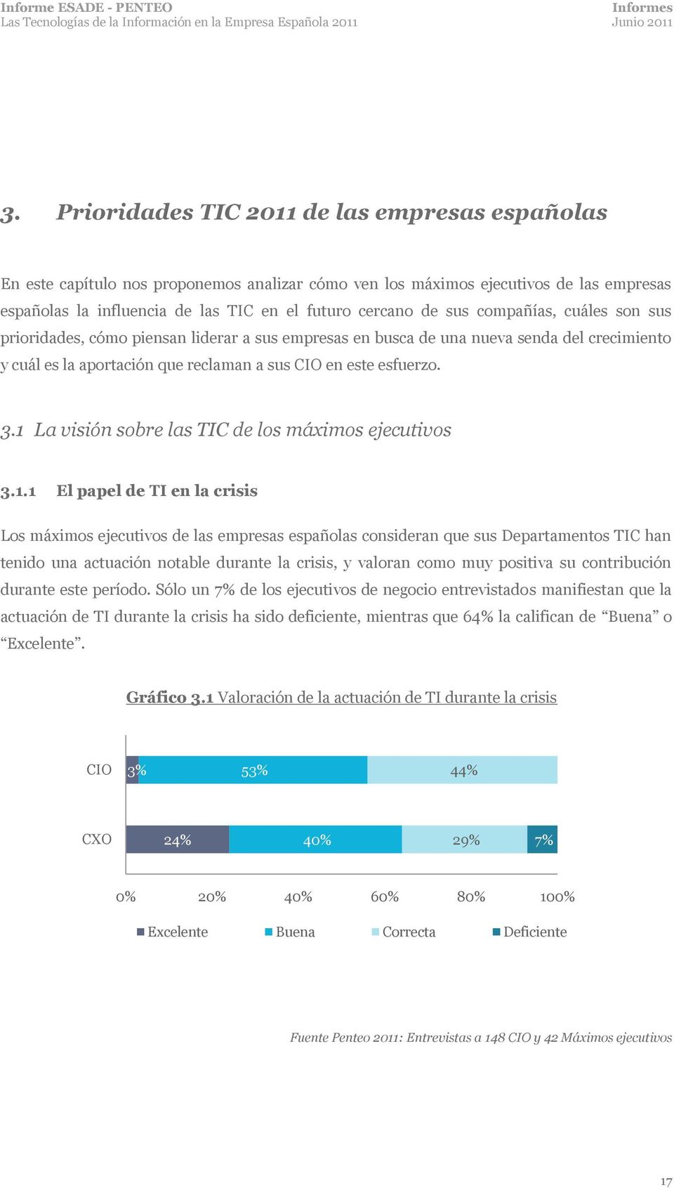 1 La visión sobre las TIC de los máximos ejecutivos 3.1.1 El papel de TI en la crisis Los máximos ejecutivos de las empresas españolas consideran que sus Departamentos TIC han tenido una actuación