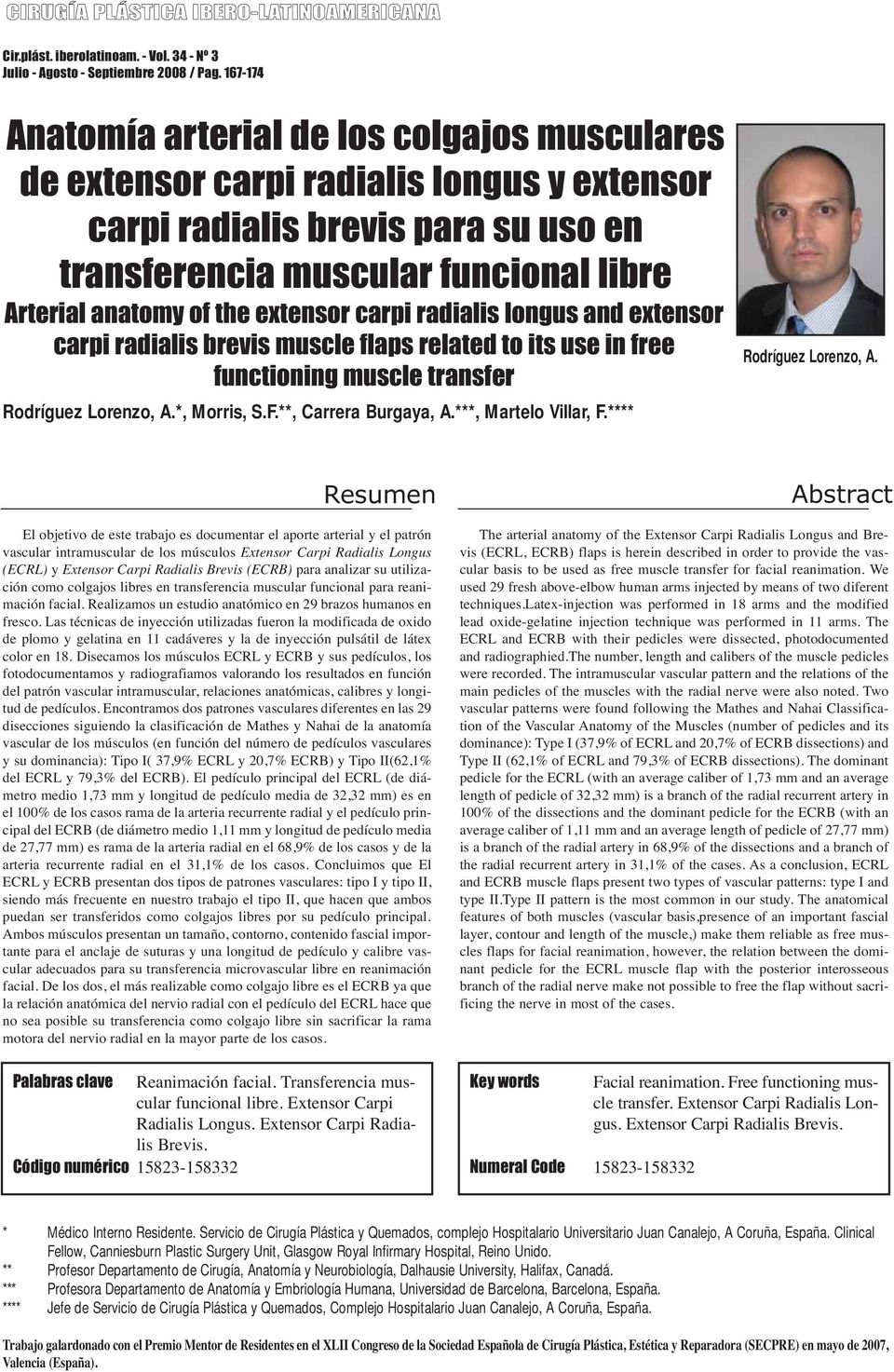 extensor carpi radialis longus and extensor carpi radialis brevis muscle flaps related to its use in free functioning muscle transfer Rodríguez Lorenzo, A.*, Morris, S.F.**, Carrera Burgaya, A.