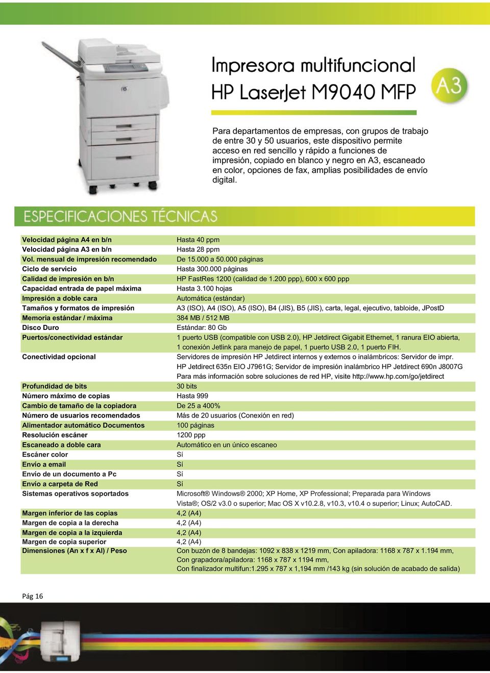mensual de impresión recomendado Calidad de impresión en b/n Capacidad entrada de papel máxima Profundidad de bits Hasta 40 ppm Hasta 28 ppm De 15.000 a 50.000 páginas Hasta 300.