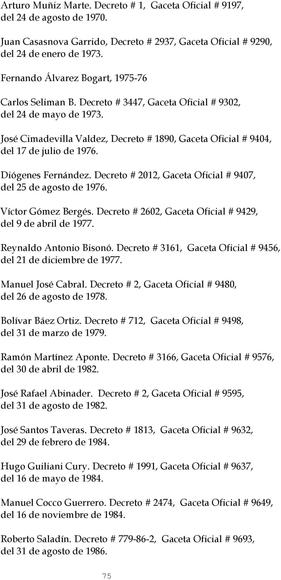 José Cimadevilla Valdez, Decreto # 1890, Gaceta Oficial # 9404, del 17 de julio de 1976. Diógenes Fernández. Decreto # 2012, Gaceta Oficial # 9407, del 25 de agosto de 1976. Víctor Gómez Bergés.