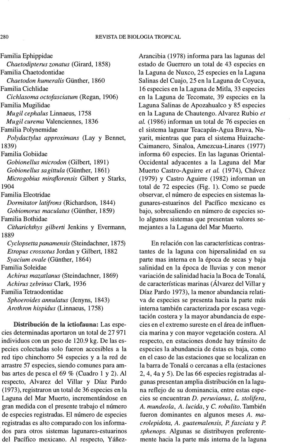 1891) Gobionellus sagittula (Günther, 1861) Microgobius miraflorensis Gilbert y Starks, 1904 Familia Eleotridae Dormitator latifrons (Richardson, 1844) Gobiomorus maculatus (Günther, 1859) Familia