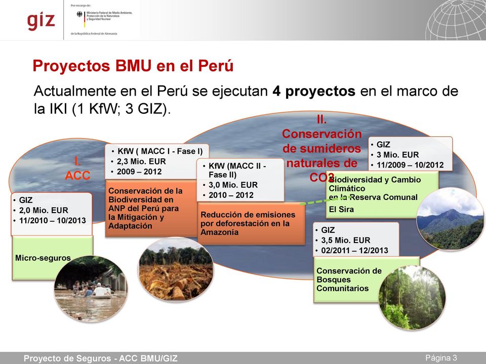 EUR 2009 2012 Conservación de la Biodiversidad en ANP del Perú para la Mitigación y Adaptación KfW (MACC II - Fase II) 3,0 Mio.