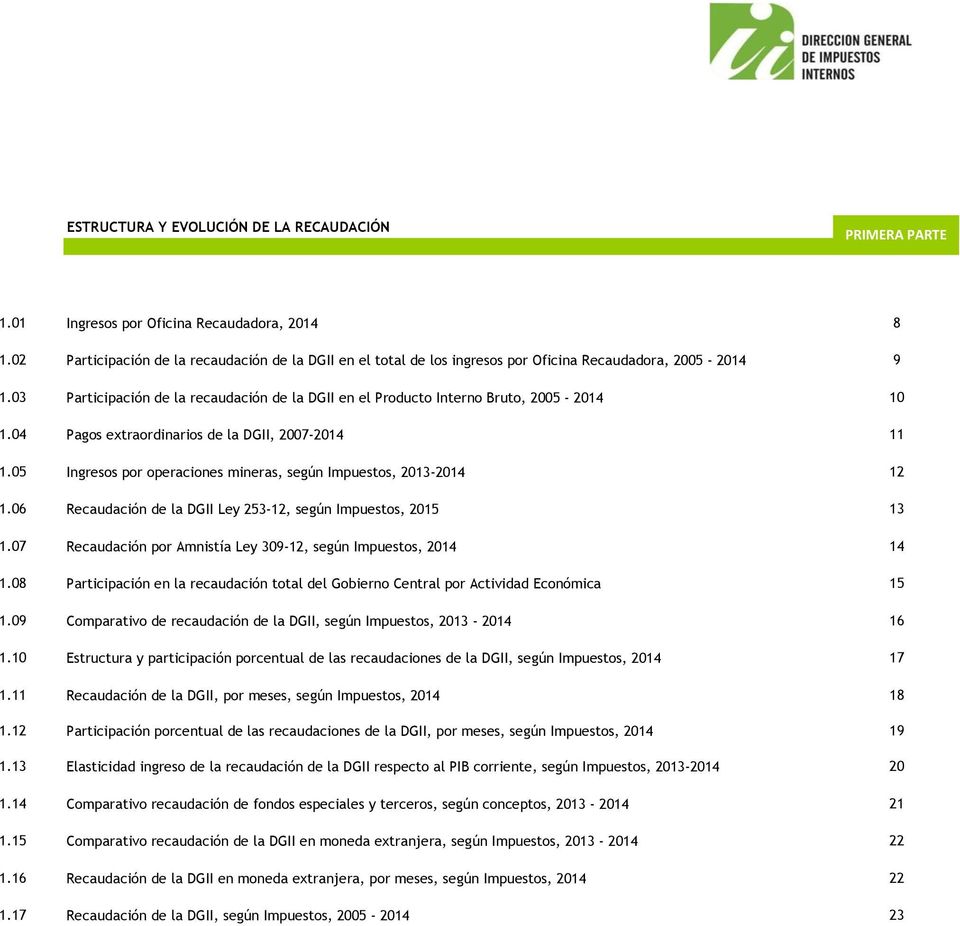 03 Participación de la recaudación de la DGII en el Producto Interno Bruto, 2005-2014 10 1.04 Pagos extraordinarios de la DGII, 2007-2014 11 1.