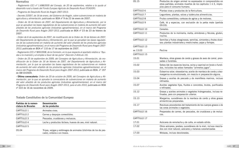 - Decreto 2/2007, de 16 de enero, del Gobierno de Aragón, sobre subvenciones en materia de agricultura y alimentación, publicado en BOA nº 9 de 22 de enero de 2007.