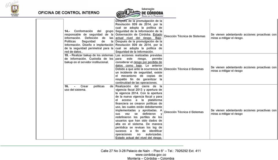 políticas Después promulgación Resolución 009 2014, por cual se adopta política Seguridad Información Gobernación Córdoba. Estado Dirección Técnica Sistemas actual nivel l riesgo. Bajo.