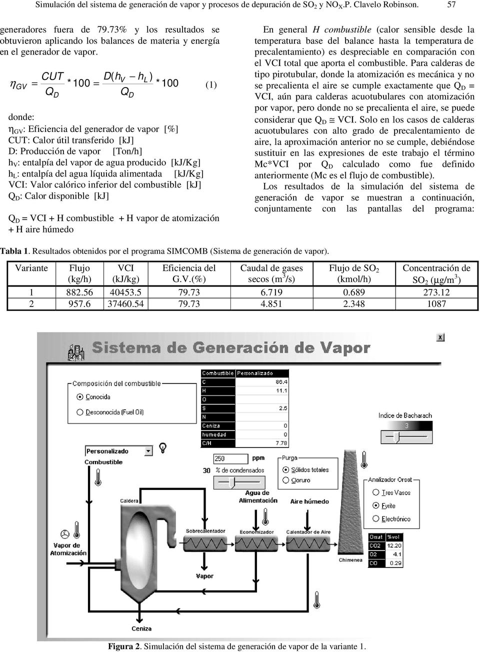 CUT D( hv hl ) η GV = * 100 = * 100 (1) Q Q D donde: η GV : Eficiencia del generador de vapor [%] CUT: Calor útil transferido [kj] D: Producción de vapor [Ton/h] h V : entalpía del vapor de agua