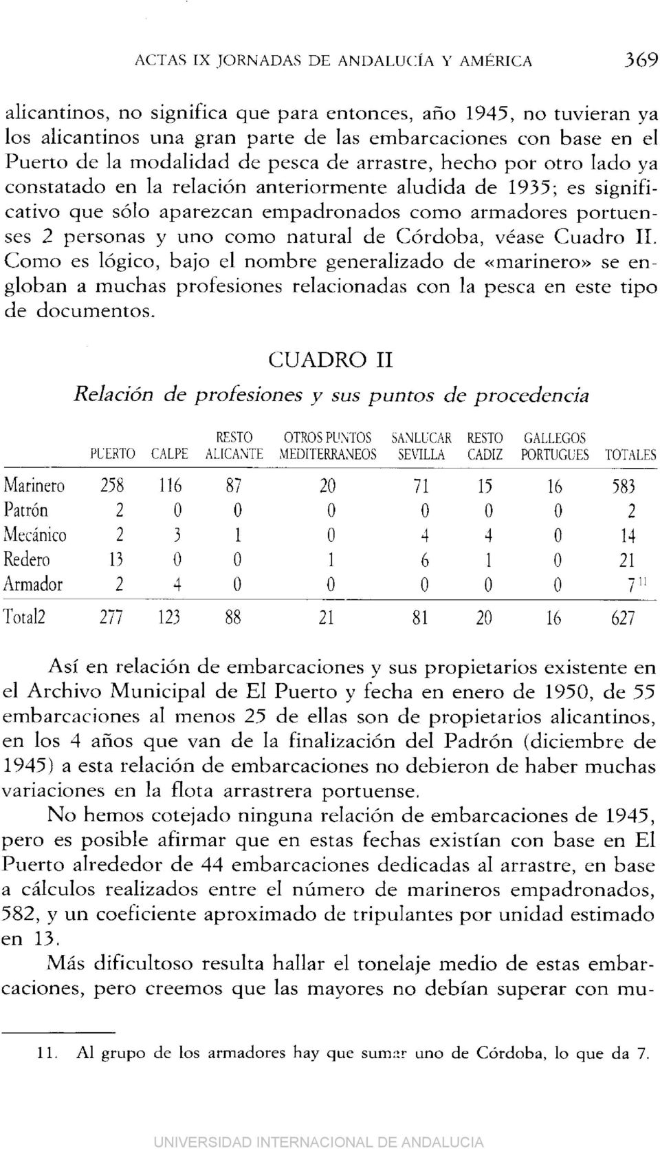 uno como natural de Córdoba, véase Cuadro I1. Como es lógico, bajo el nombre generalizado de «marinero» se engloban a muchas profesiones relacionadas con la pesca en este tipo de documentos.