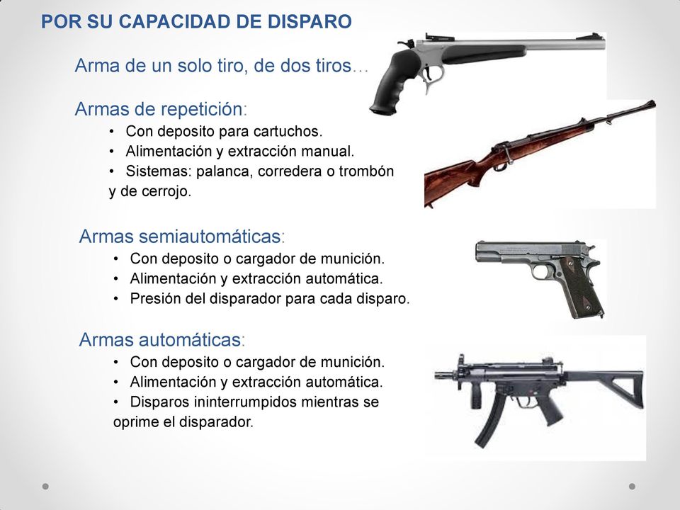 Armas semiautomáticas: Con deposito o cargador de munición. Alimentación y extracción automática.