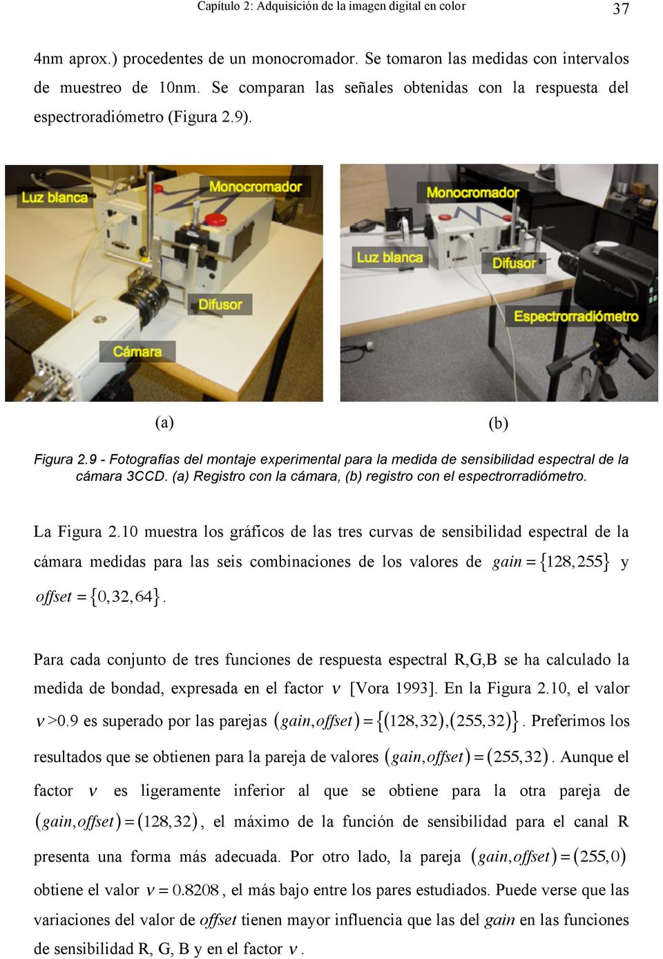 9 - Fotografías del montaje experimental para la medida de sensibilidad espectral de la cámara 3CCD. (a) Registro con la cámara, (b) registro con el espectrorradiómetro. La Figura 2.