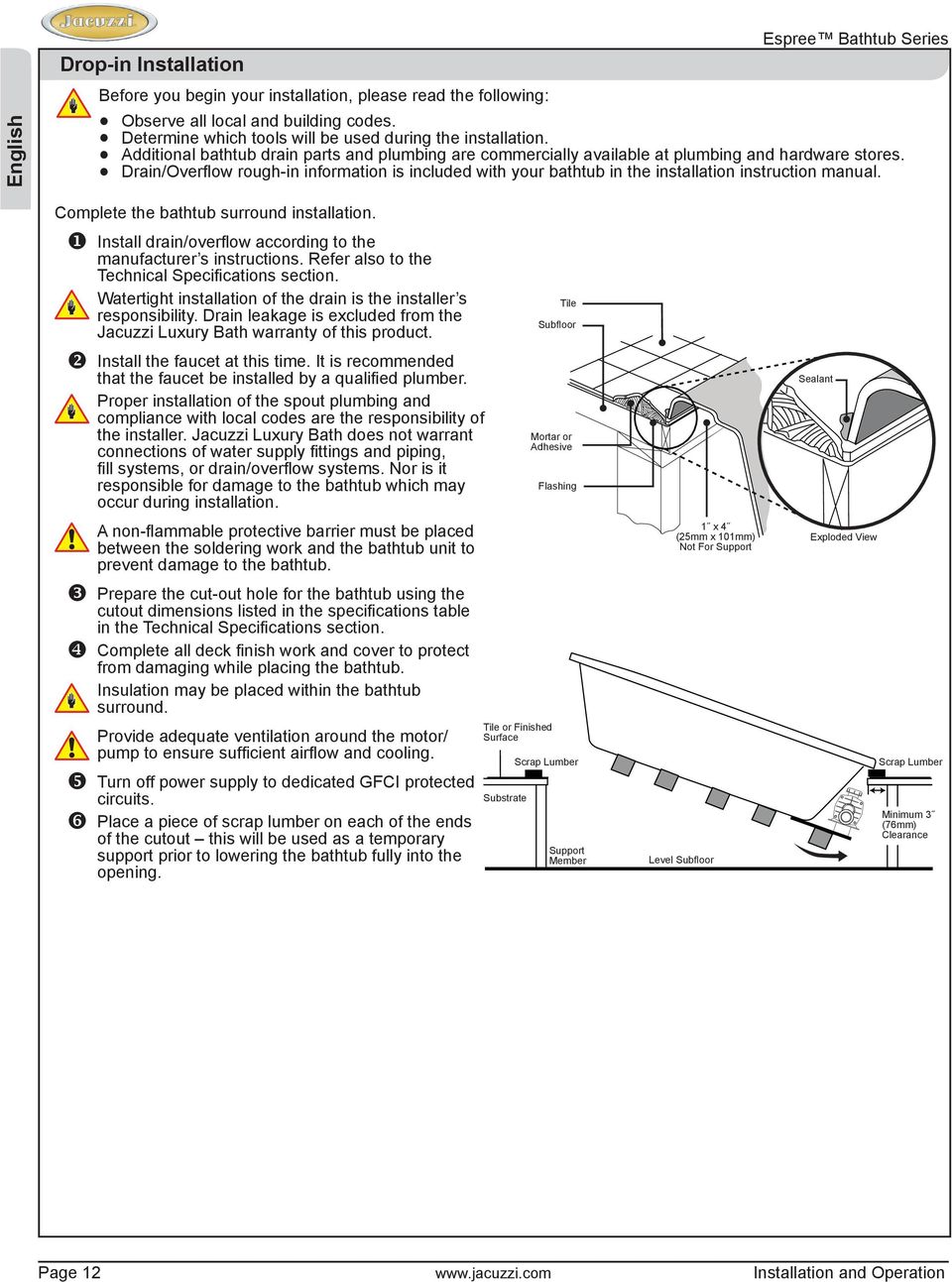 Drain/Overflow rough-in information is included with your bathtub in the installation instruction manual. Complete the bathtub surround installation.