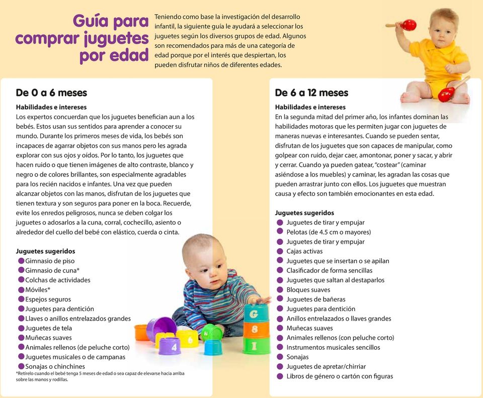 De 0 a 6 meses Los expertos concuerdan que los juguetes benefician aun a los bebés. Estos usan sus sentidos para aprender a conocer su mundo.