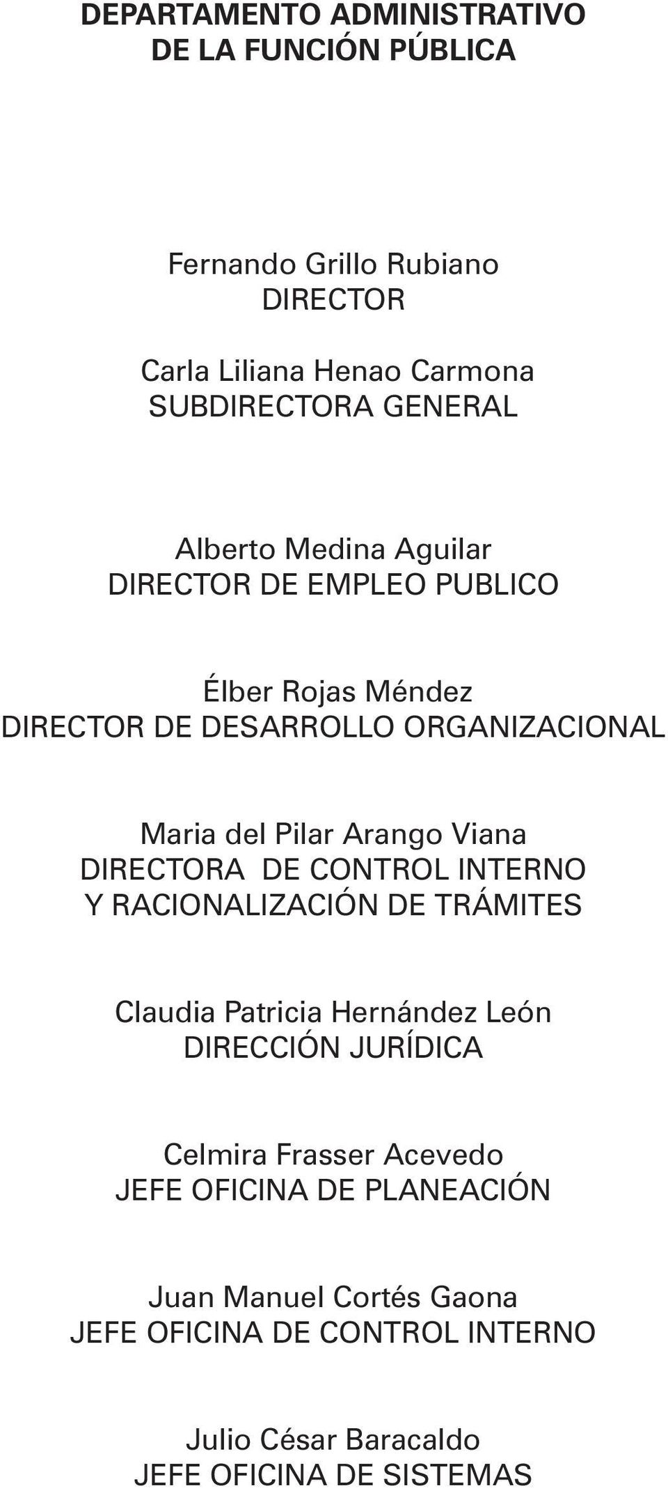 Viana DIRECTORA DE CONTROL INTERNO Y RACIONALIZACIÓN DE TRÁMITES Claudia Patricia Hernández León DIRECCIÓN JURÍDICA Celmira Frasser