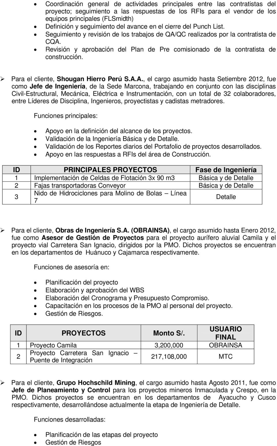 Revisión y aprobación del Plan de Pre comisionado de la contratista de construcción. Para el cliente, Shougan Hierro Perú A.