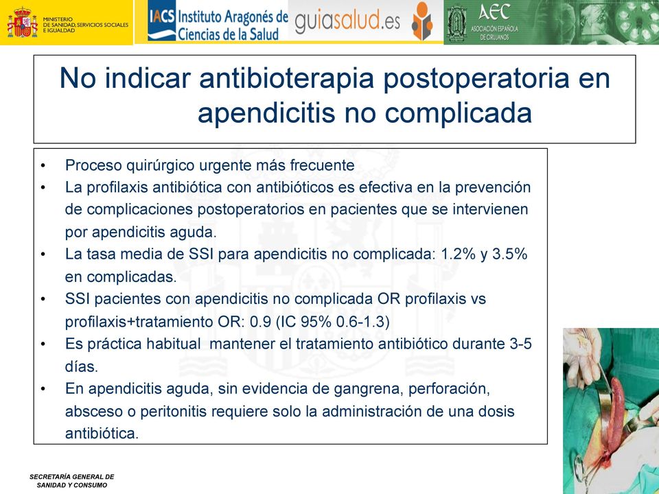 5% en complicadas. SSI pacientes con apendicitis no complicada OR profilaxis vs profilaxis+tratamiento OR: 0.9 (IC 95% 0.6-1.