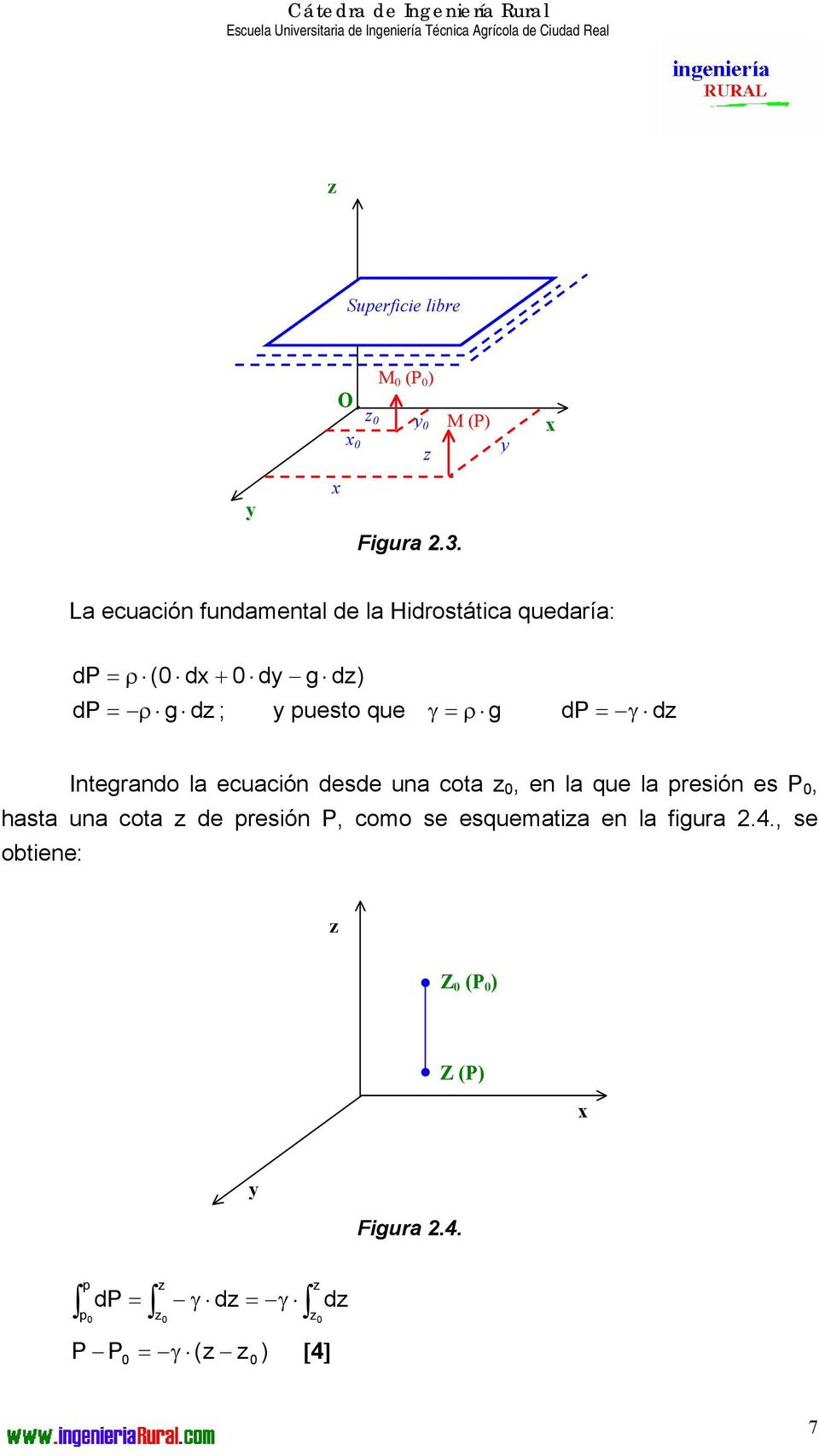 puesto que γ ρ g d γ d Integrando la ecuación desde una cota 0, en la que la presión es 0,