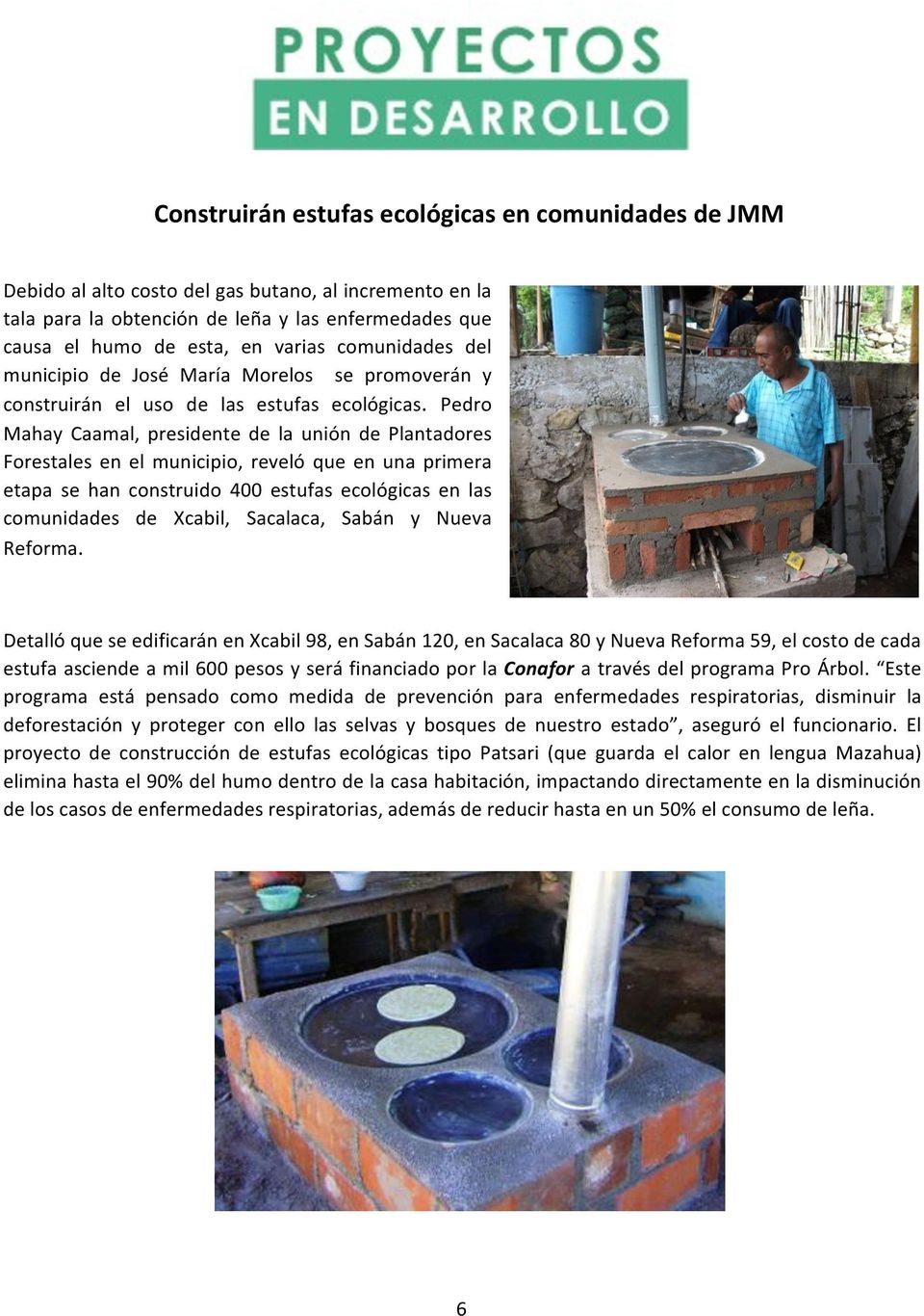 Pedro Mahay Caamal, presidente de la unión de Plantadores Forestales en el municipio, reveló que en una primera etapa se han construido 400 estufas ecológicas en las comunidades de Xcabil, Sacalaca,