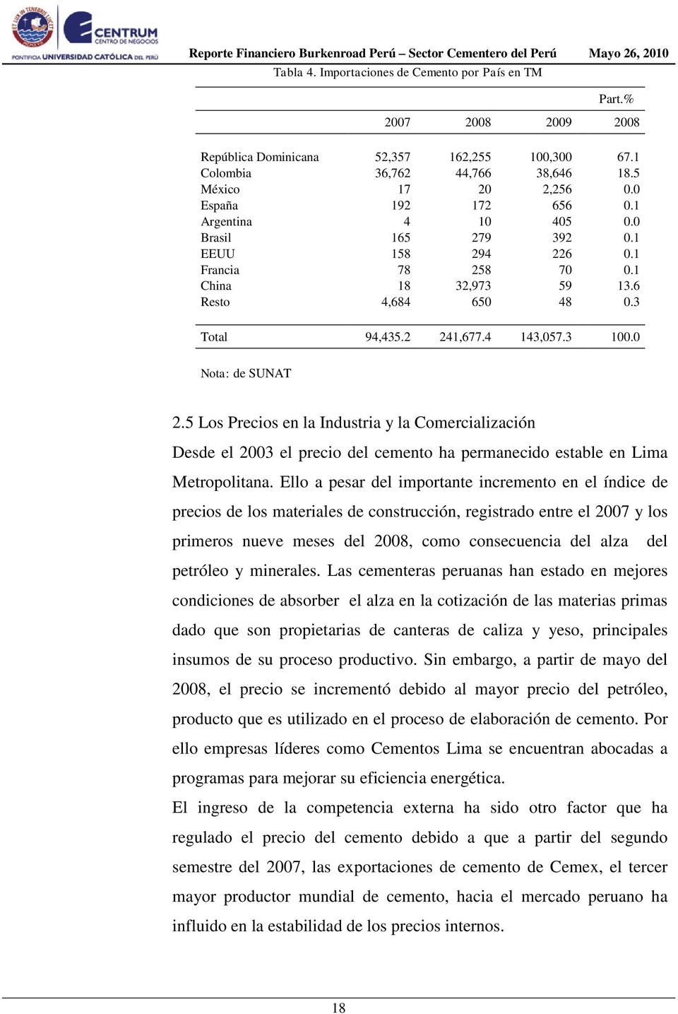 0 Nota: de SUNAT 2.5 Los Precios en la Industria y la Comercialización Desde el 2003 el precio del cemento ha permanecido estable en Lima Metropolitana.