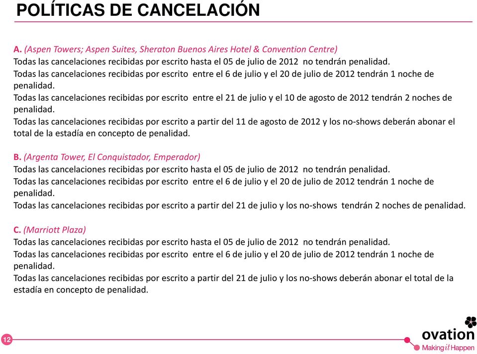 Todas las cancelaciones recibidas por escrito entre el 6 de julio y el 20 de julio de 2012 tendrán 1 noche de penalidad.