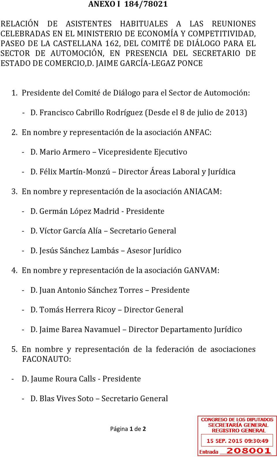 Francisco Cabrillo Rodríguez (Desde el 8 de julio de 2013) 2. En nombre y representación de la asociación ANFAC: - D. Mario Armero Vicepresidente Ejecutivo - D.