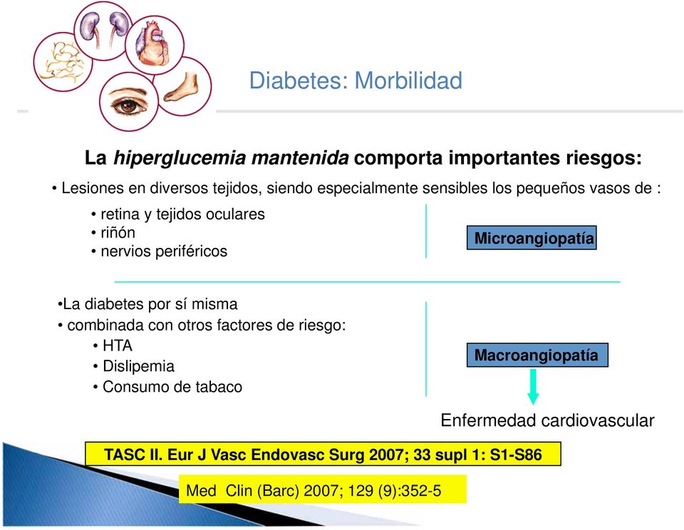 La diabetes por sí misma combinada con otros factores de riesgo: HTA Dislipemia Consumo de tabaco Macroangiopatía